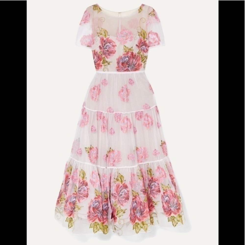 Marchesa Notte Tiered Embroidered Tulle Midi Dress